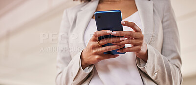 Buy stock photo Woman, hands and phone in networking for communication, social media or texting for conversation. Hand of female person on mobile smartphone chatting, browsing or searching in 5G connection on mockup