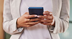 Woman, hands and phone in networking for social media, communication or texting for conversation. Hand of female person on mobile smartphone chatting, browsing or searching in research or discussion