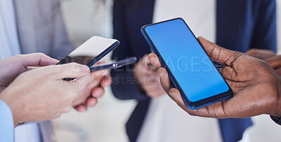 Buy stock photo Green screen, phone and group hands for mobile app, networking mockup and product placement. Smartphone, technology and blue mock up for communication, social media chat or website ux for contact us