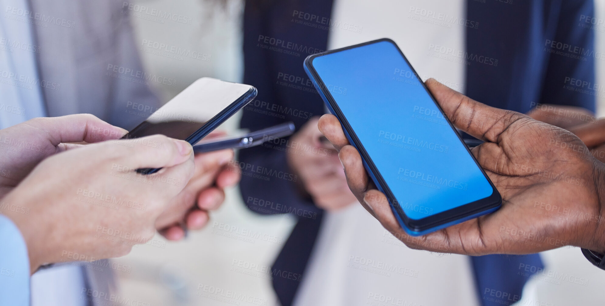 Buy stock photo Green screen, phone and group hands for mobile app, networking mockup and product placement. Smartphone, technology and blue mock up for communication, social media chat or website ux for contact us