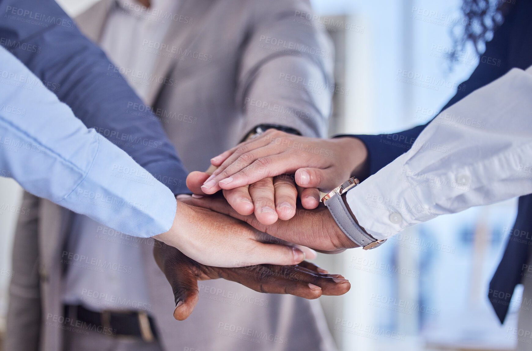 Buy stock photo Business people, hands stack and team building motivation for goals, dream or mission in finance company. Corporate teamwork, diversity and solidarity for vision, strategy and collaboration in office