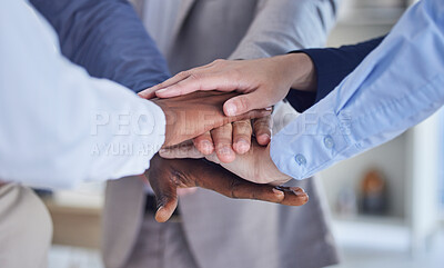 Buy stock photo Business people, hands stack and teamwork motivation for goals, dream or mission in finance company. Corporate team building, diversity and solidarity for vision, strategy and collaboration in office