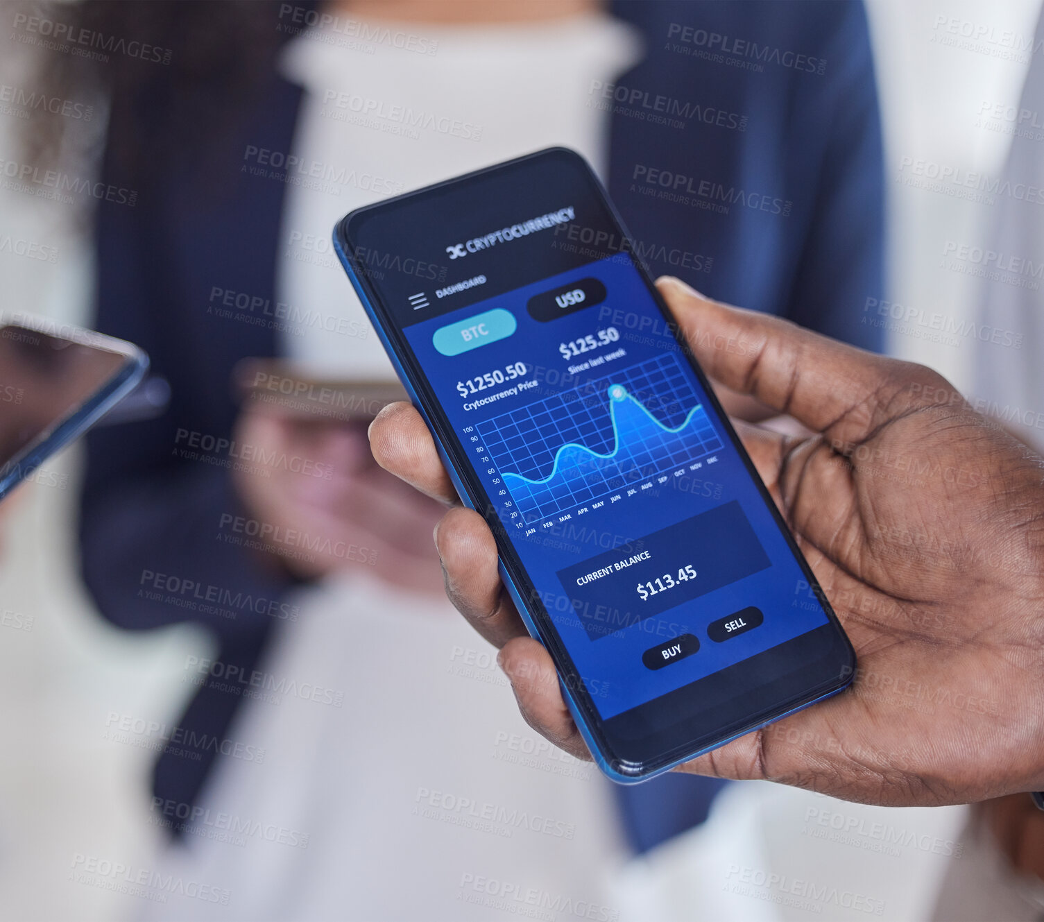 Buy stock photo Stock market, finance and hands with stats on a phone, crypto growth and analytics online on a screen. Investment, trading and businessman showing mobile app for financial investing and exchange data