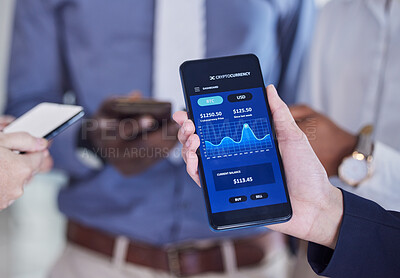 Buy stock photo Stats, finance and hands with data on a phone, cryptocurrency growth and fintech analytics. Investment, nft trading and businessman showing mobile app for financial investing and stock market wealth
