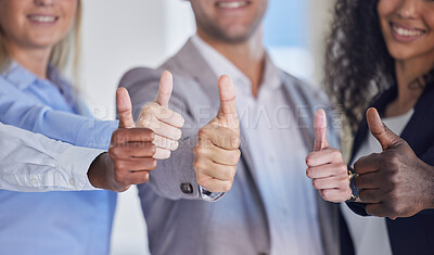 Buy stock photo Thumbs up, hands and business people agreement with diversity, yes and success with motivation and collaboration. Achievement, hand sign and emoji with employee group, like and solidarity with team
