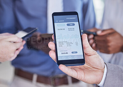 Buy stock photo Trading, finance stats and hands with a phone for profit, digital analytics and money from business. Payment, market screen showing investment progress, growth and wealth on a mobile app with man