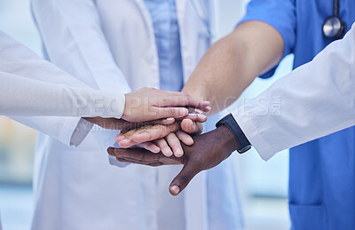 Buy stock photo Healthcare, teamwork and hands together in huddle for team building, collaboration and motivation at hospital. Doctors, diversity and medical employees in solidarity for help and support in medicine.