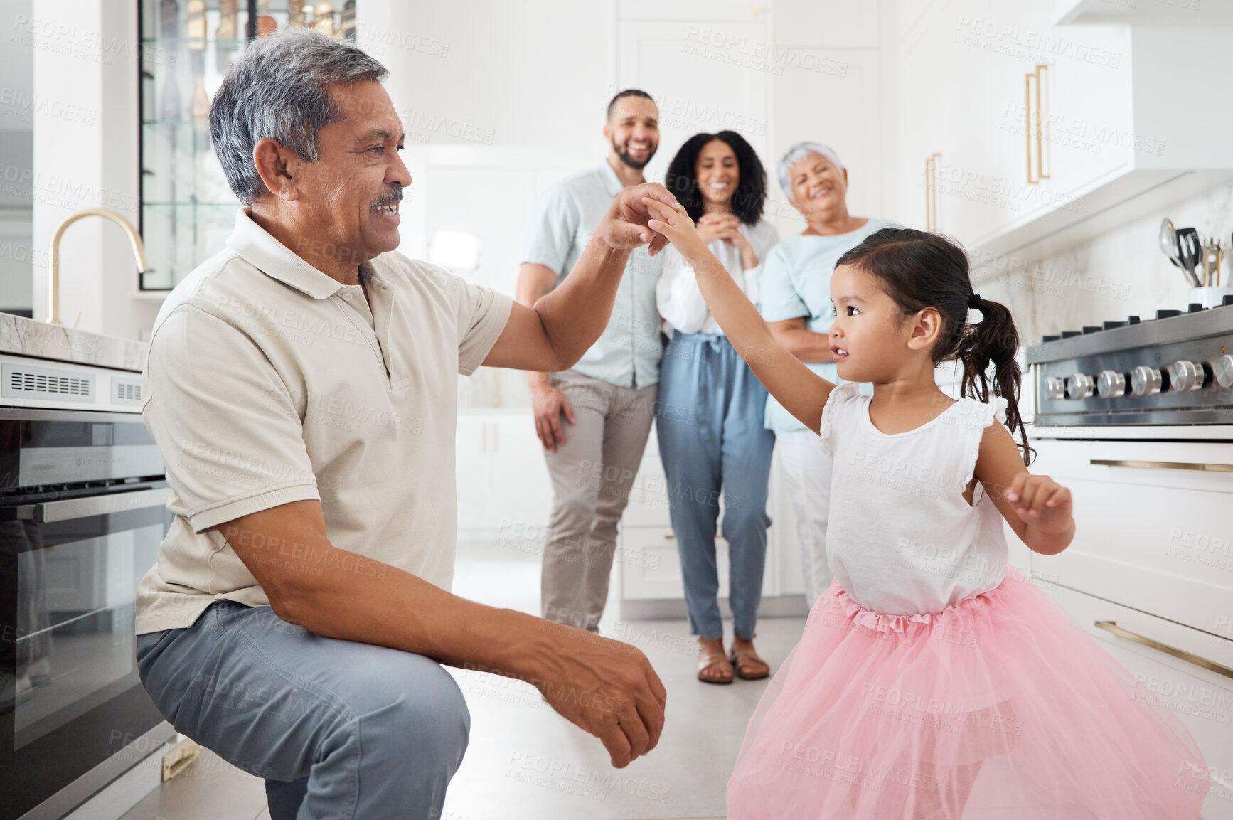 Buy stock photo Dance, grandfather and child together in family home kitchen for love, care or fun bonding, birthday and learning support. Teaching, dancing and Mexico girl or kid with senior people, elderly or man