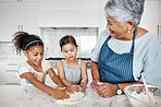 Learning, cooking dough and grandmother with kids in kitchen baking dessert or pastry. Education, family care and happy grandma teaching sisters or children how to bake, bonding and laughing together