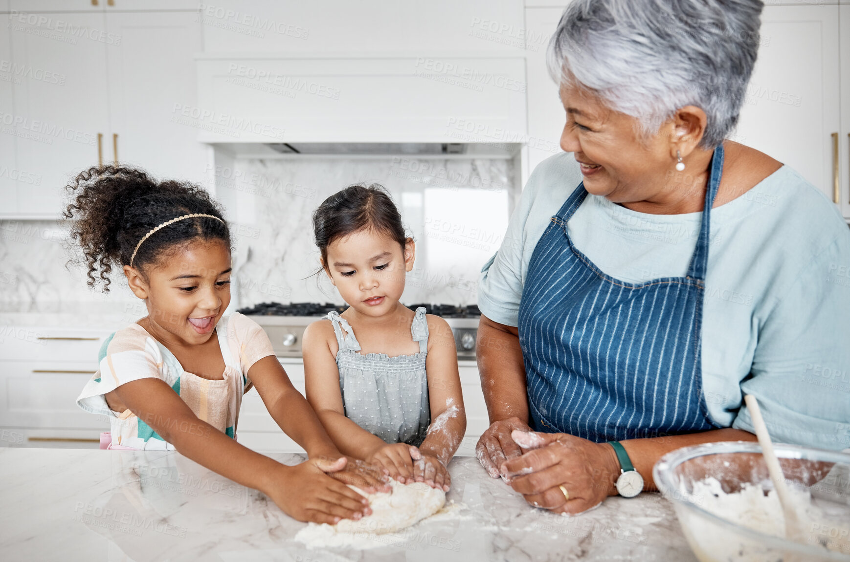 Buy stock photo Learning, cooking dough and grandmother with kids in kitchen baking dessert or pastry. Education, family care and happy grandma teaching sisters or children how to bake, bonding and laughing together