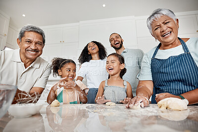 Buy stock photo Cooking, learning and big family with kids in kitchen baking with dough and laughing at comic joke. Education portrait, care and mother, father and grandparents teaching girls or sisters how to bake.