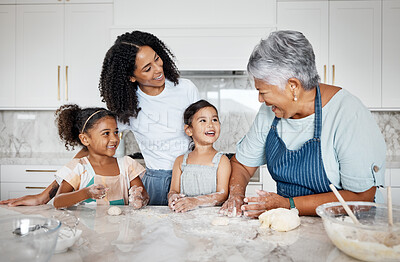 Buy stock photo Cooking dough, learning and family with kids in kitchen baking dessert or pastry. Education, care and mother and grandma teaching sisters or children how to bake, bonding and laughing at comic joke.