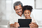 Grandfather, learning and girl with tablet in home for streaming video, movie or social media. Bonding, touchscreen and care of happy grandpa with child watching film or web browsing on technology.