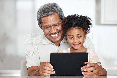 Buy stock photo Grandfather, learning and girl with tablet in home for streaming video, movie or social media. Bonding, touchscreen and care of happy grandpa with child watching film or web browsing on technology.