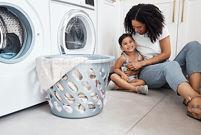 Buy stock photo Mom, girl child and basket by washing machine on floor for cleaning, bonding and comic time in house. Laundry, mother and daughter with happiness, love and care in family home with tickle for smile