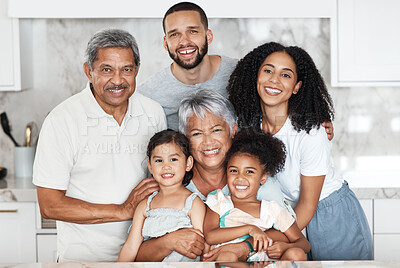 Buy stock photo Big family, smile and portrait in home kitchen, bonding and having fun together. Love, support and happy father, mother and grandparents with girls, kids or children, smiling or enjoying quality time