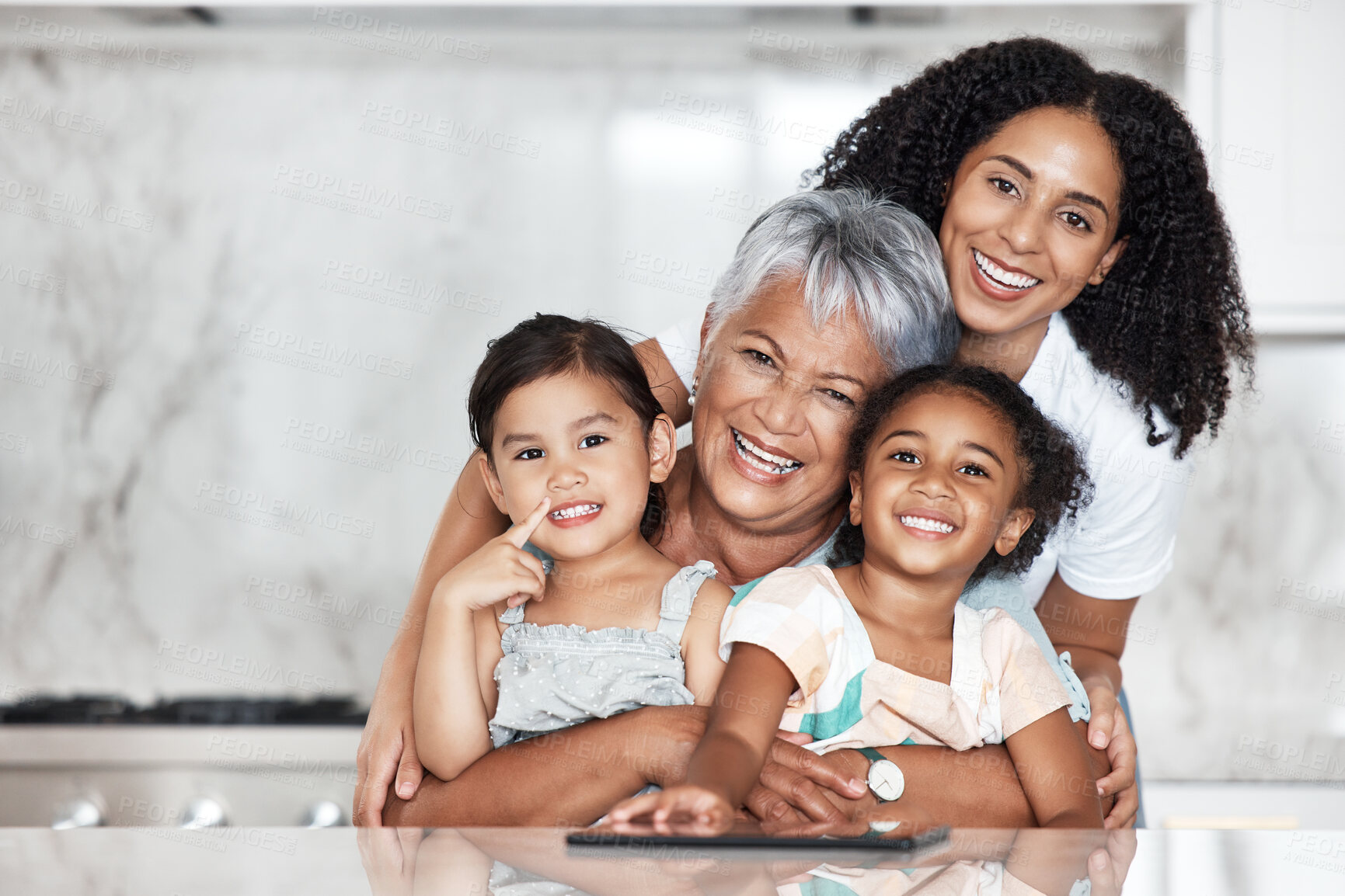 Buy stock photo Love, smile and portrait of happy family in home, bonding and laughing at funny joke. Comic, generations and grandmother, mother and girls, kids or children, smiling or enjoying quality time together