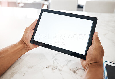 Buy stock photo Tablet, mockup screen and hands of man at home online for website, social media and internet research. Technology, connection and digital tech with empty space for marketing, advertising and branding