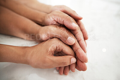 Buy stock photo Family, love and hands together with child, mother and father on mockup space with care and support. Group of people together for trust, help and hope on a table in a house for kindness and security