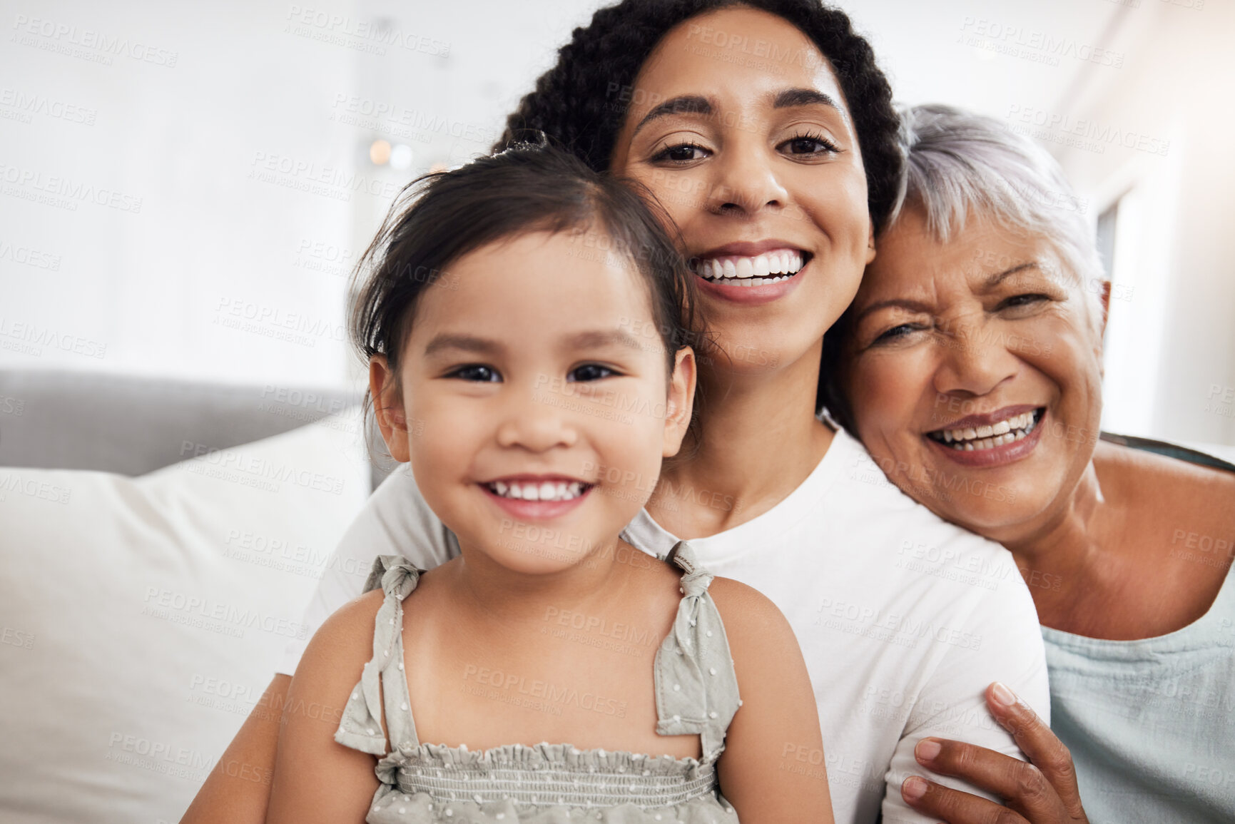 Buy stock photo Family, generations and smile in portrait with love and care with mother and grandmother with child at home. Happiness, relationship and wellness with women and girl spending quality time together