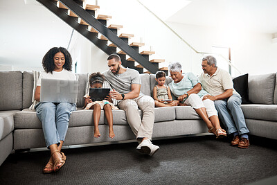 Buy stock photo Family addicted to technology devices, social media and the internet in a home or house connected to wifi. Online, laptop and tablet by distracted people, grandparents and children with parents