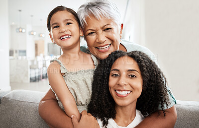 Buy stock photo Family, generations and hug with love in portrait and care at home, mother and grandmother with child smile and bond. Happiness, relationship and solidarity, women and girl with quality time together