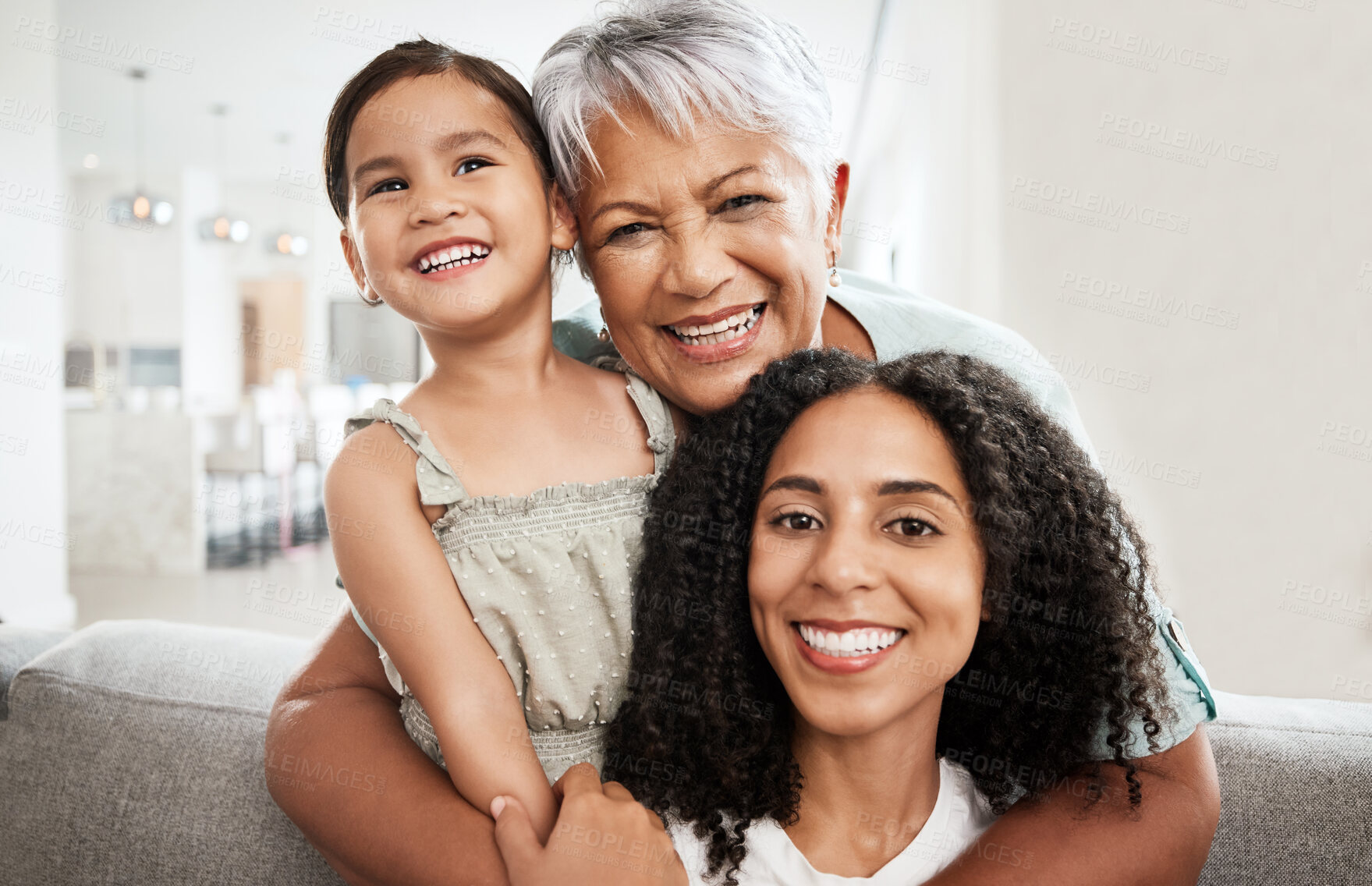 Buy stock photo Family, generations and hug with love in portrait and care at home, mother and grandmother with child smile and bond. Happiness, relationship and solidarity, women and girl with quality time together