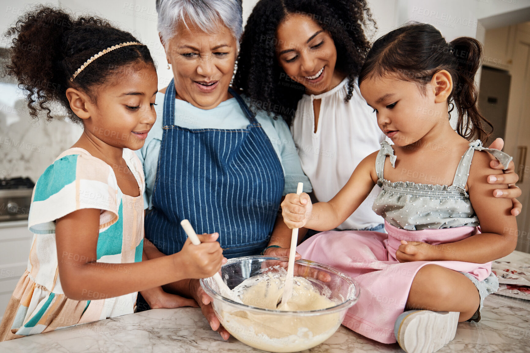 Buy stock photo Learning, big family and cooking kids in kitchen mixing baking dough in bowl in home. Education, care and mother and grandma teaching children how to bake, bonding and enjoying quality time together.