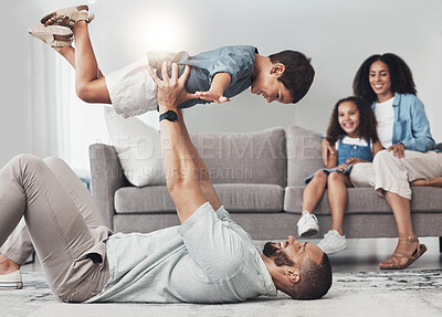 Buy stock photo Relax, happy and airplane with father and son on floor of living room for bonding, playful and support. Wellness, game and strong with dad and child in family home for care, quality time and smile