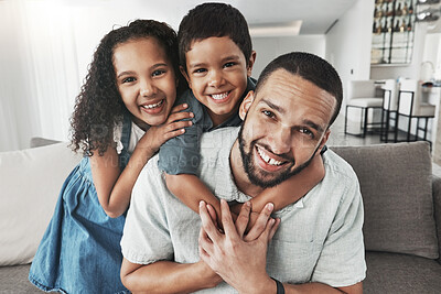 Buy stock photo Family, children and portrait of father with kids on sofa, hug and happy while bonding in their home. Face, girl and boy with parent embrace, relax and playing in living room on the weekend together