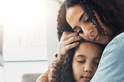 Buy stock photo Love, care and mother hug girl in home, bonding and caring for child while enjoying time together. Family, affection and mom or mama hugging, cuddle and embrace kid for support, trust and comfort.