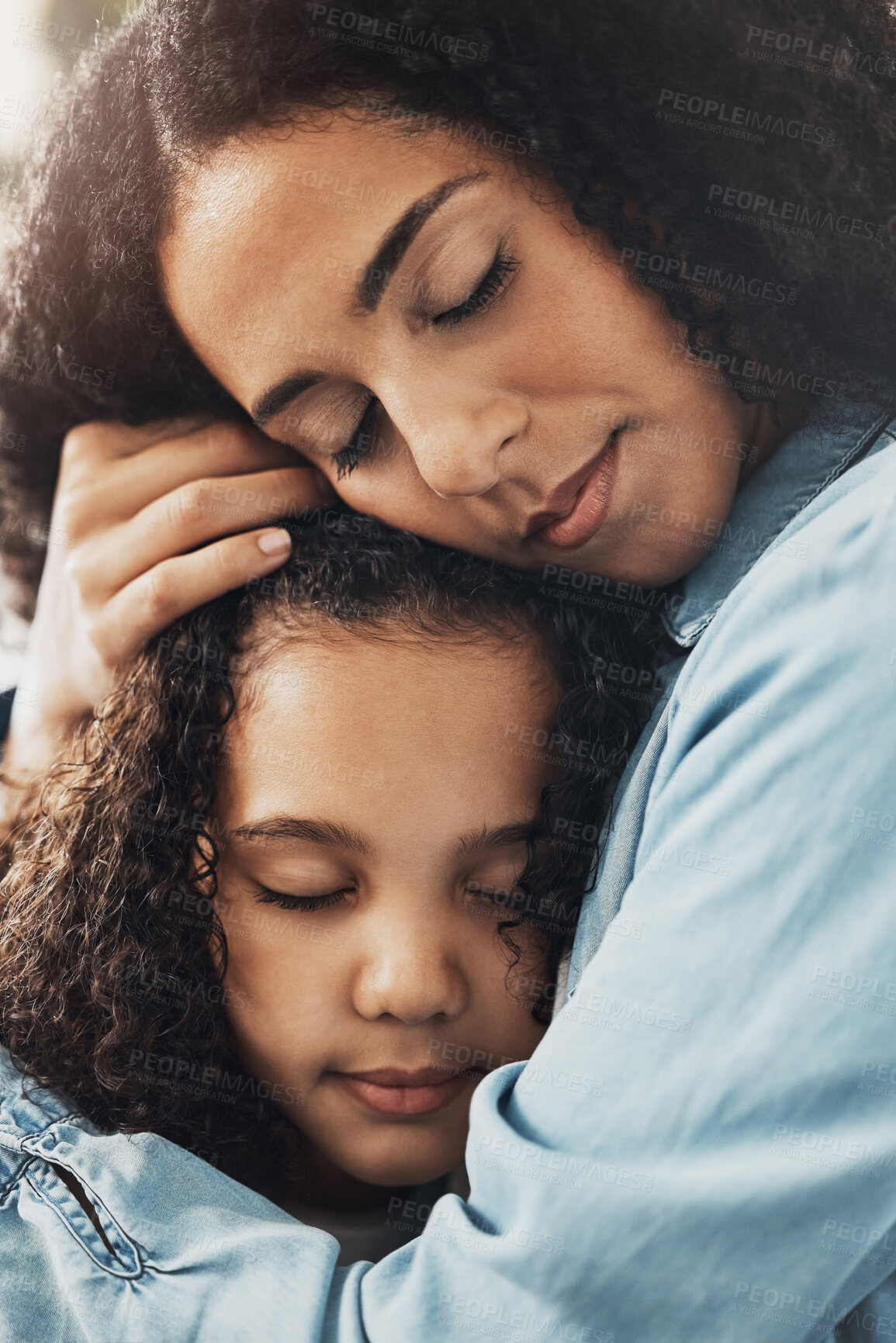 Buy stock photo Love, mother and girl hug, happy and bonding for care, loving and support on break, relax and solidarity. Family, mama and daughter embrace, quality time and trust with mom, female kid and happiness