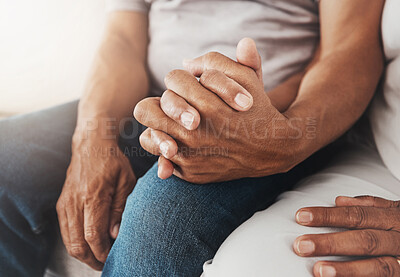Buy stock photo Senior, love and couple holding hands for support, prayer or empathy, trust or affection. Valentines day, romance and elderly man and woman together for respect, worship or praying for hope and peace