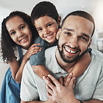 Children, family and portrait of father with kids on sofa, hug and happy while bonding in their home. Face, girl and boy with parent embrace, relax and playing in living room on the weekend together