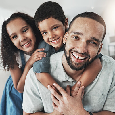 Buy stock photo Children, family and portrait of father with kids on sofa, hug and happy while bonding in their home. Face, girl and boy with parent embrace, relax and playing in living room on the weekend together