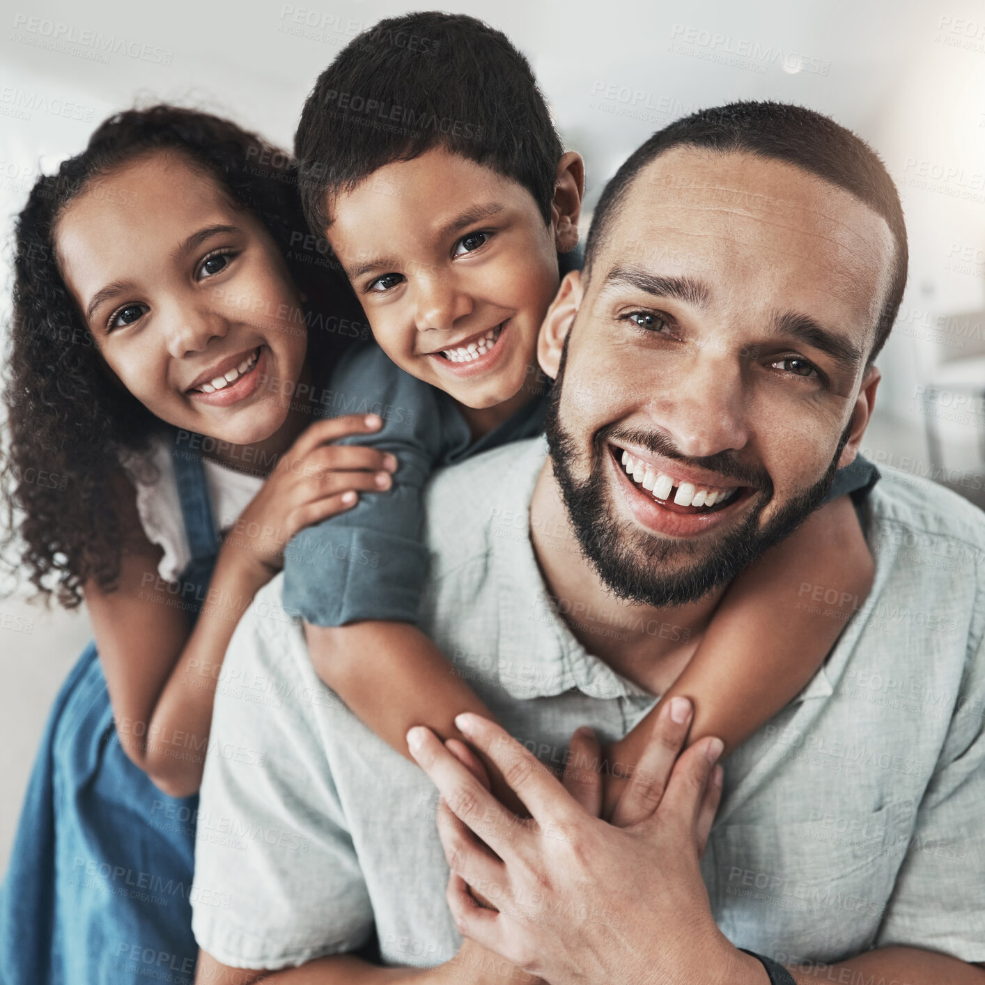 Buy stock photo Children, family and portrait of father with kids on sofa, hug and happy while bonding in their home. Face, girl and boy with parent embrace, relax and playing in living room on the weekend together