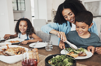 Buy stock photo Mom, children and eating food in home together for lunch, dinner table and healthy meal. Happy family, mother and kids smile for dining in house with love, care and happiness of delicious supper 