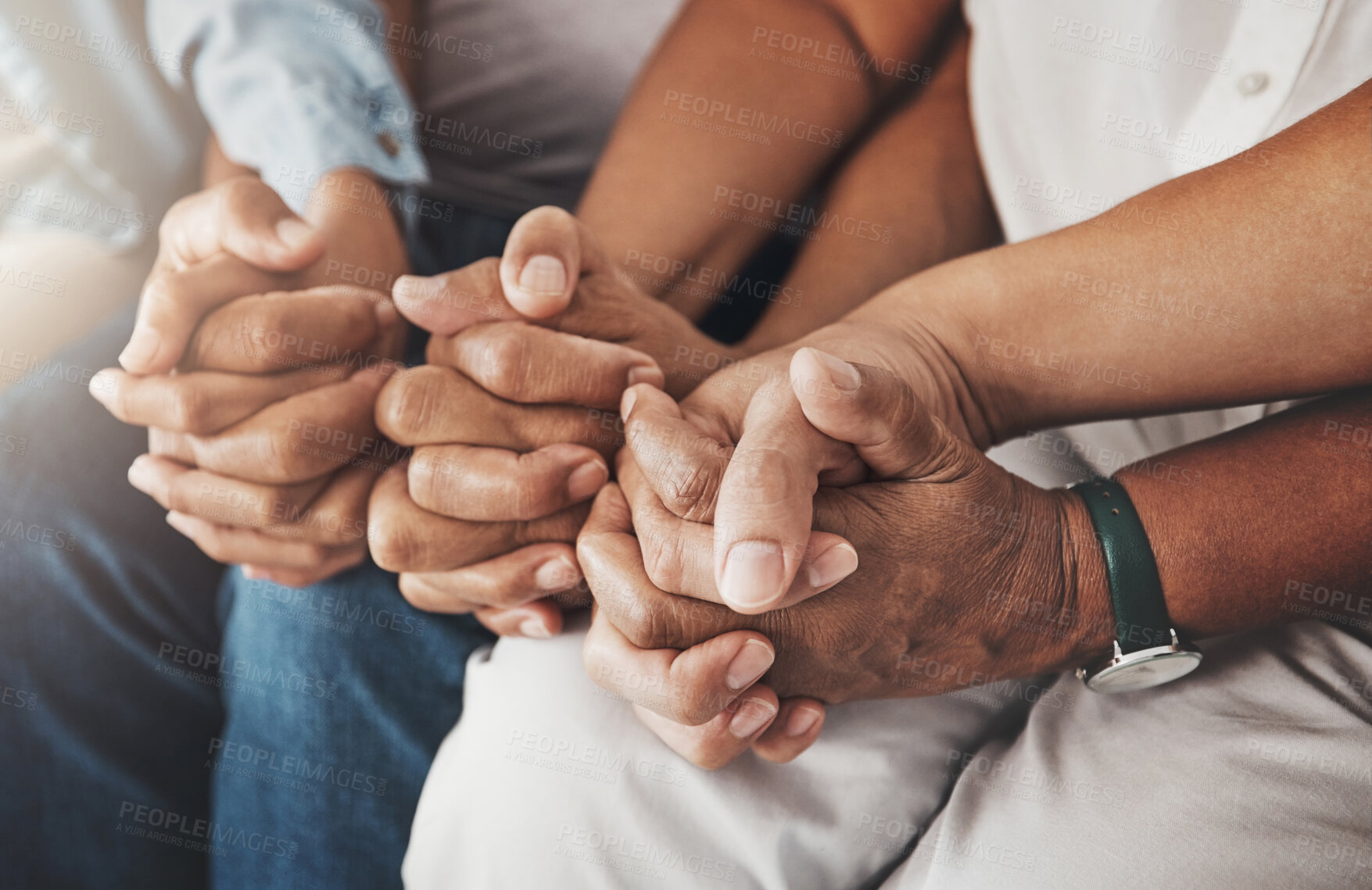 Buy stock photo Family, holding hands and prayer in home for love, support and faith or hope in house. Praying religion, worship and group of people pray to God, holy spirit or Jesus for peace or spiritual praise.