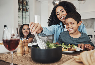 Buy stock photo Mother, kids and eating food in home together for lunch, dinner table and healthy meal. Happy family, mom and children smile for dining in house with love, care and happiness of delicious supper 