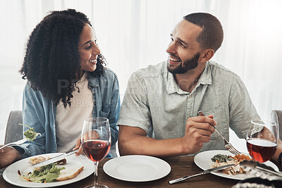 Buy stock photo Happy young couple eating lunch with wine for celebration of love, holiday or valentines with conversation. Mexico people or woman and partner with food at home dining room table on a date together