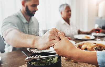 Buy stock photo Family prayer, holding hands zoom and dinner buffet at home of grandparents with father at a table. Worship, praying and food for a holiday together in a house with spiritual gratitude for feast