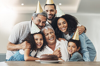 Buy stock photo Family, portrait and happy birthday celebration with a hug for senior woman with a cake, love and care. Children, parents and grandparents together for party to celebrate excited grandma with dessert