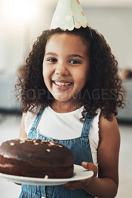 Buy stock photo Portrait of happy girl with birthday cake, child in home and surprise celebration in Atlanta house alone. Young kid with smile in homemade chocolate dessert, hat on curly hair and excited african