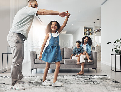 Buy stock photo Happy family, dance and music in a living room by girl and father playing, bonding and happy in their home. Kids, parents and dancing game in a lounge on a weekend, cheerful and happiness together