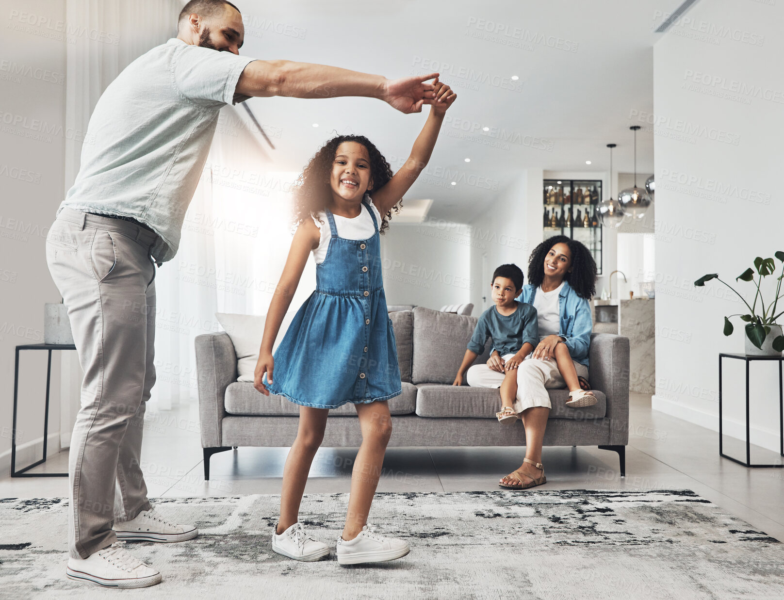 Buy stock photo Happy family, dance and music in a living room by girl and father playing, bonding and happy in their home. Kids, parents and dancing game in a lounge on a weekend, cheerful and happiness together