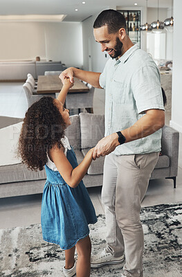 Buy stock photo Music, love and father dance with girl in living room for playing, bonding and having fun in their home. Podcast, happy family and man with daughter in lounge for dancing, happy and smile on weekend