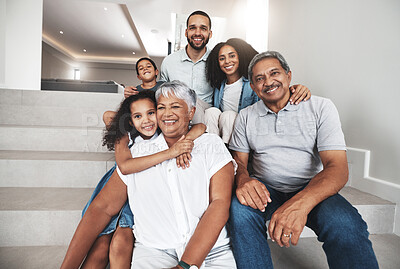 Buy stock photo Love, stairs and group portrait of happy family bonding, hug and enjoy quality time together in their house. Holiday smile, happiness and relax children, parents and grandparents in vacation home