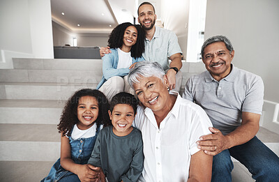 Buy stock photo Love, home stairs and portrait of happy family bonding, relax and enjoy quality time together in Brazil. Smile, happiness and youth children, parents and grandparents in vacation house