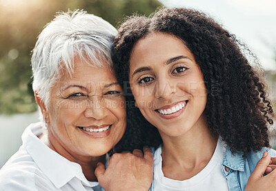 Buy stock photo Face portrait, happy family or elderly mother with daughter bonding, relax or enjoy quality time together in backyard. Outdoor, vacation love and senior mom, woman or people in Brazil