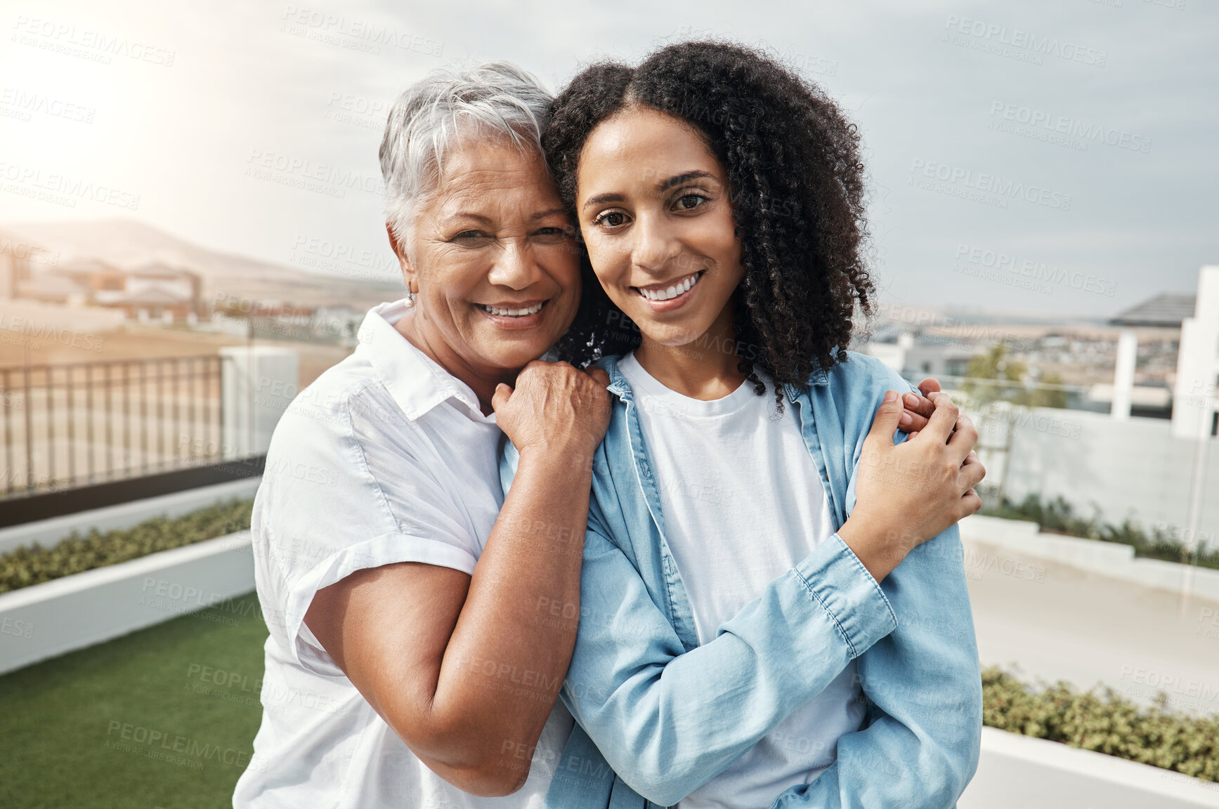 Buy stock photo Portrait, happy family or elderly mother with daughter bonding, relax or enjoy quality time together in backyard. Lawn, outdoor vacation love and elderly mom, woman or people in Brazil